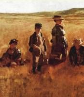 painting of women wearing straw hats while working on the farm