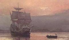 the ship Mayflower anchored in the harbor after arriving at Cape Cod, Massachusetts
