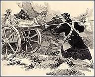 drawing of a Revolutionary War soldier preparing to fire a cannon