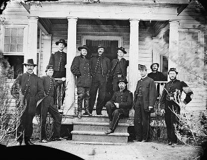Union cavalry general and staff at winter quarters in Virginia