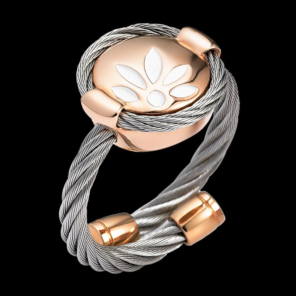 fashion ring with stainless steel and titanium cables and pink gold over sterling silver