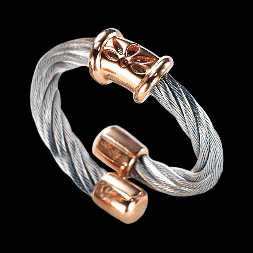 pink gold bamboo leaves decorate this sterling silver cable ring