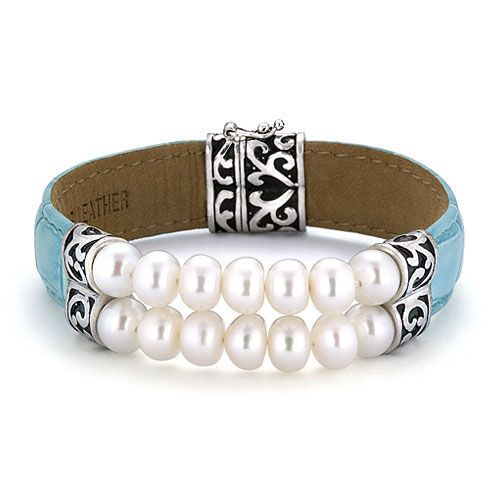 sterling silver and blue leather bracelet with pearls