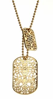gold dog tag necklace with lace cutouts