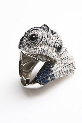 sterling silver fish ring with blue and clear crystals