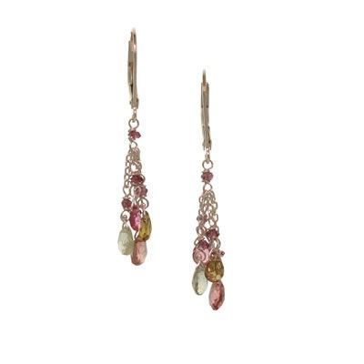 gold and pink and green tourmaline earrings