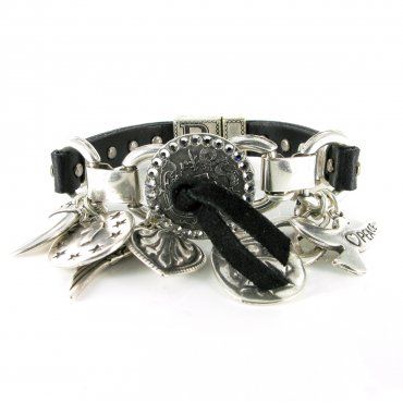 black leather bracelet with silver charms and coins
