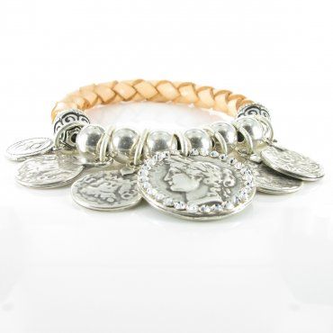 camel colored leather bracelet and silver coins