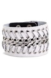 chain links, silver grommets and white leather bracelet