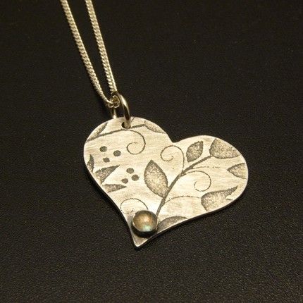 oxidized sterling silver floral etched pendant