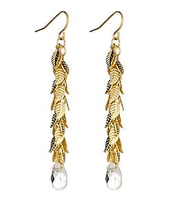 gold earrings with clear crystals and gold leaves
