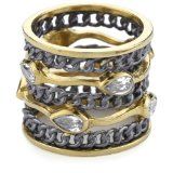 gold and gunmetal chain ring with clear crystals