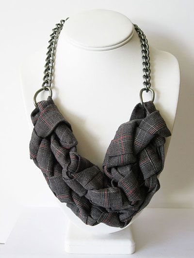 gray plaid fabric and gunmetal chain necklace