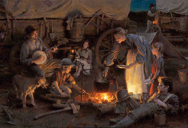 family having dinner on the Oregon Trail