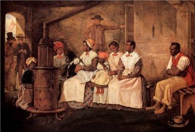 women and children waiting to be sold at the slave market