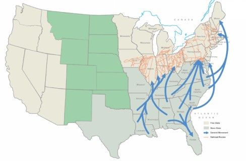 map showing the routes taken by slaves on the Underground Railroad
