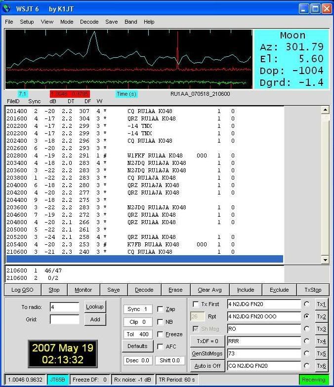 WSJT SCREEN CAPTURE OF RU1AA OFF THE MOON