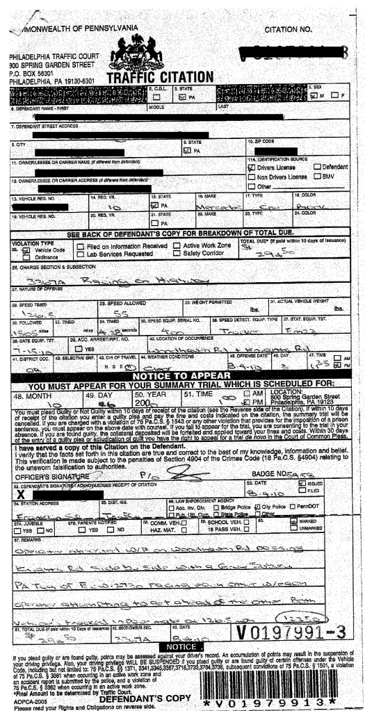 Paced 126.5mph in 55mph &quot;Racing on Highway&quot;