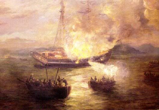 British ship burning